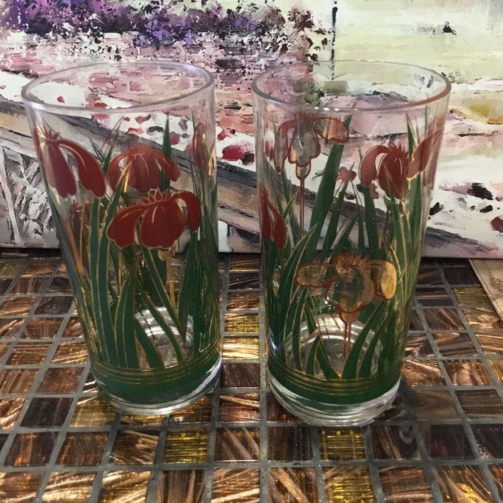 RARE SET OF 2 VINTAGE CULVER IRIS CINNABAR 22K GOLD HIGHBALL TUMBLER GLASSES
